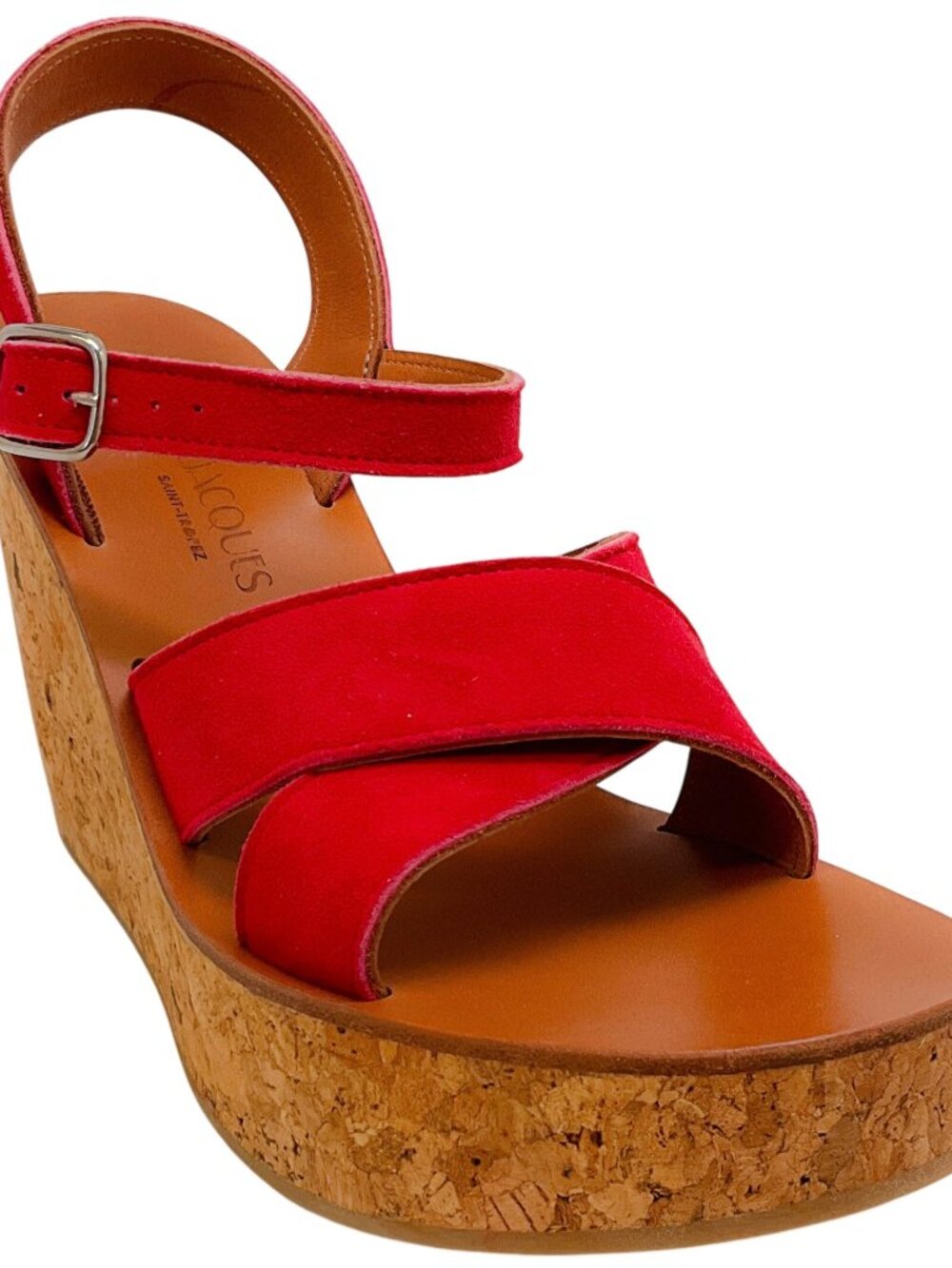 K.Jacques Red Suede Gukara Criss Cross Cork Wedge Sandals